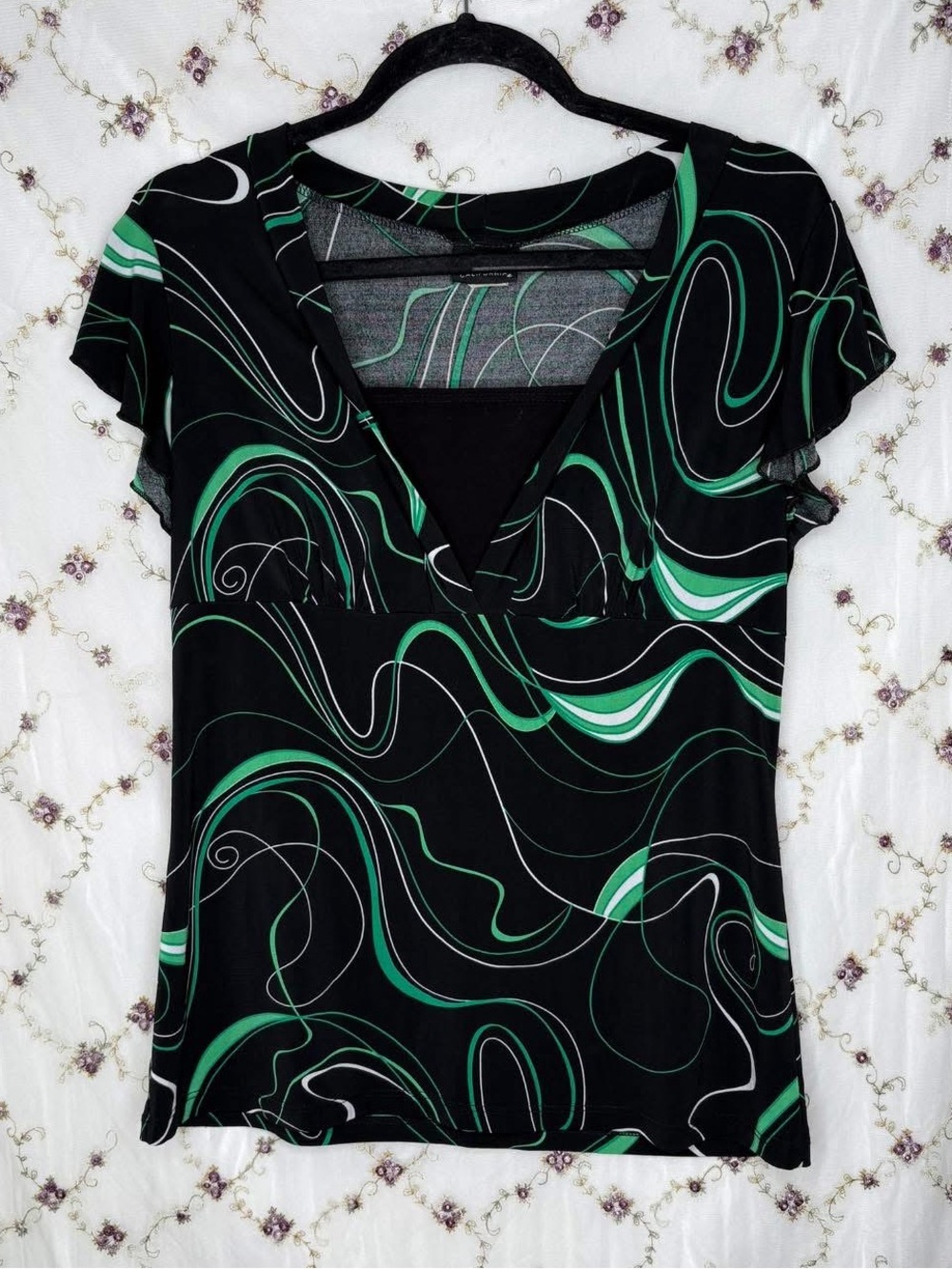 Women's Black V-Neck Short Sleeve Top with Green Swirl Pattern